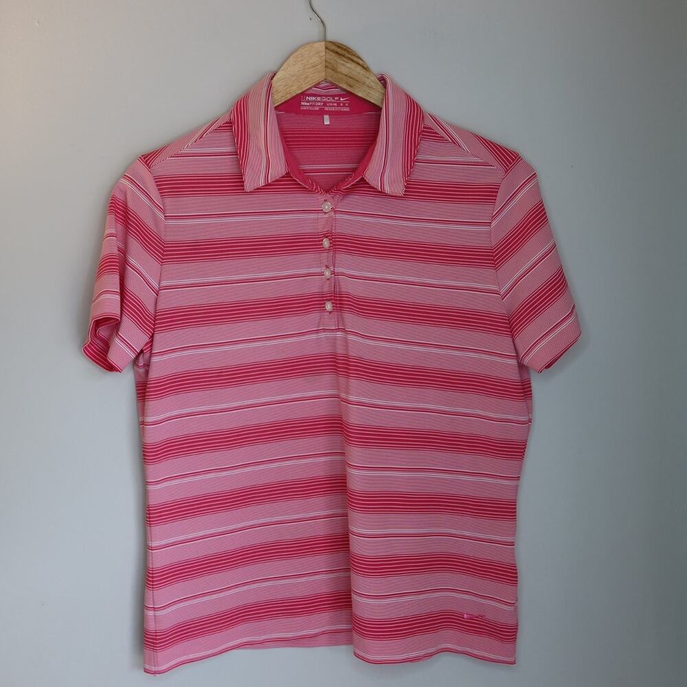 Nike Golf Polo Shirt Fit Dry Womens L Pink Striped Short Sleeve Embroidered y2k